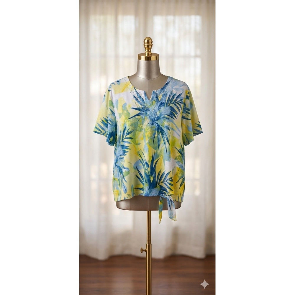Alfred Dunner Popover Top‎ Knit 3X Vibrant Tropical Print Embellished Neckline